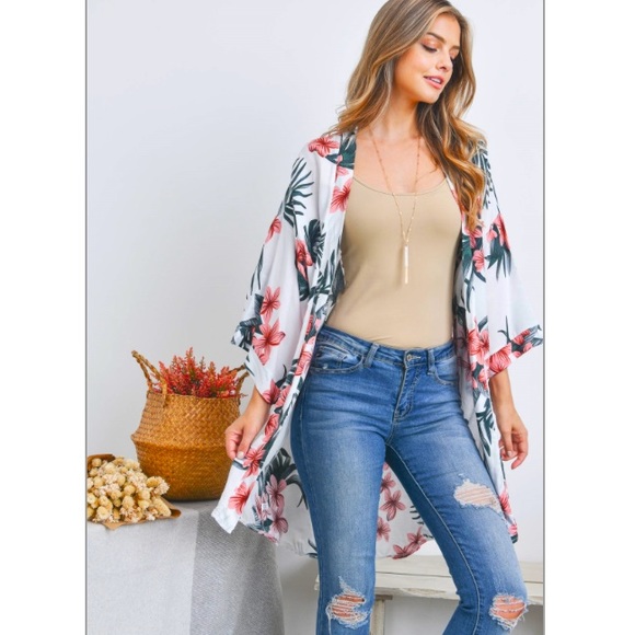Swim Coverup Kimono With Sleeves Floral Boho Chic Festival One Size S-2XL - Picture 2 of 9